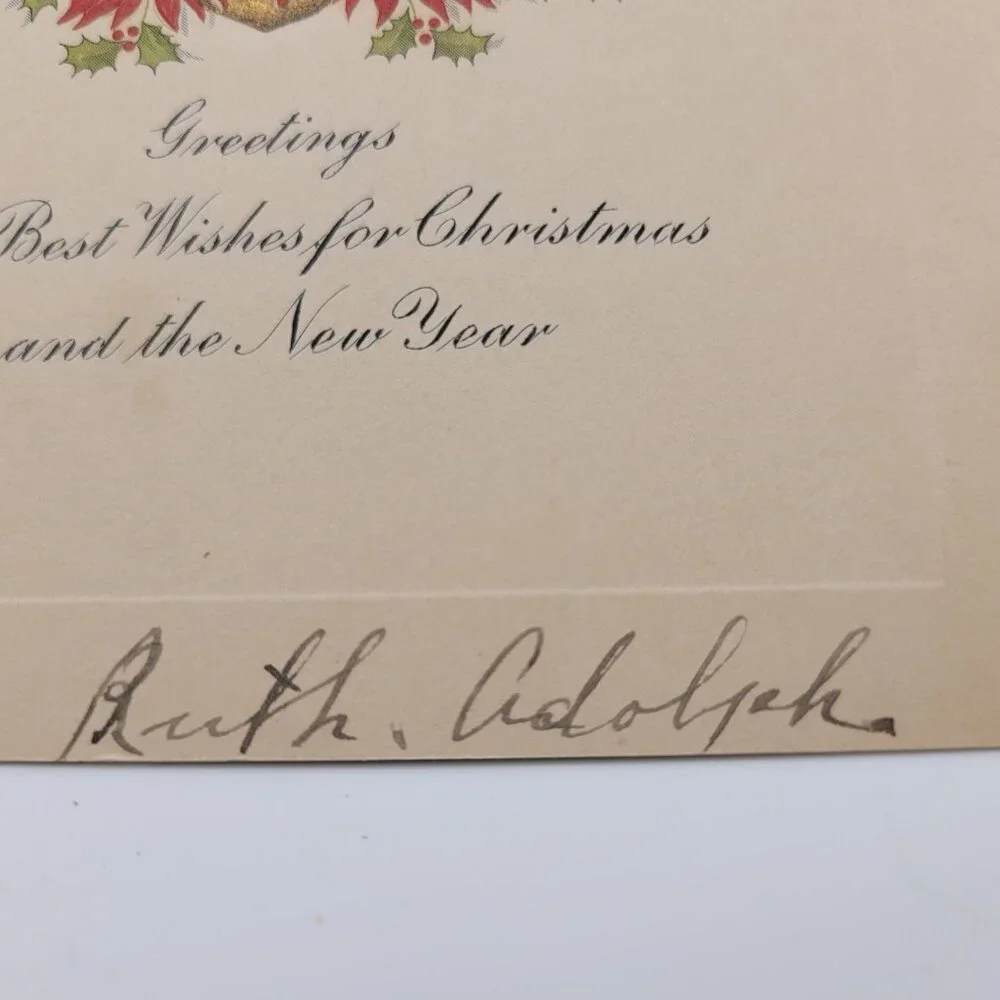Vintage Christmas Card Esther Ruth Adolph Handwritten Poinsettia‎ Holly 5x3 Inch